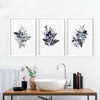 Bathroom Painting Decor – Set of 3 Blue Botanical Prints