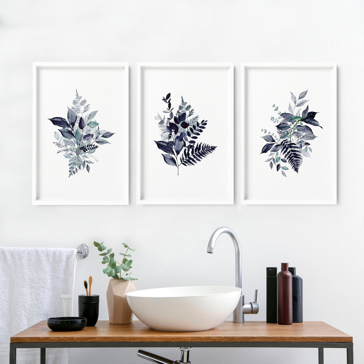Bathroom Painting Decor – Set of 3 Blue Botanical Prints
