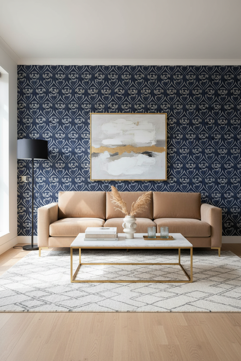 Living room with beige sofa, coffee table, and abstract art on a blue patterned wall.