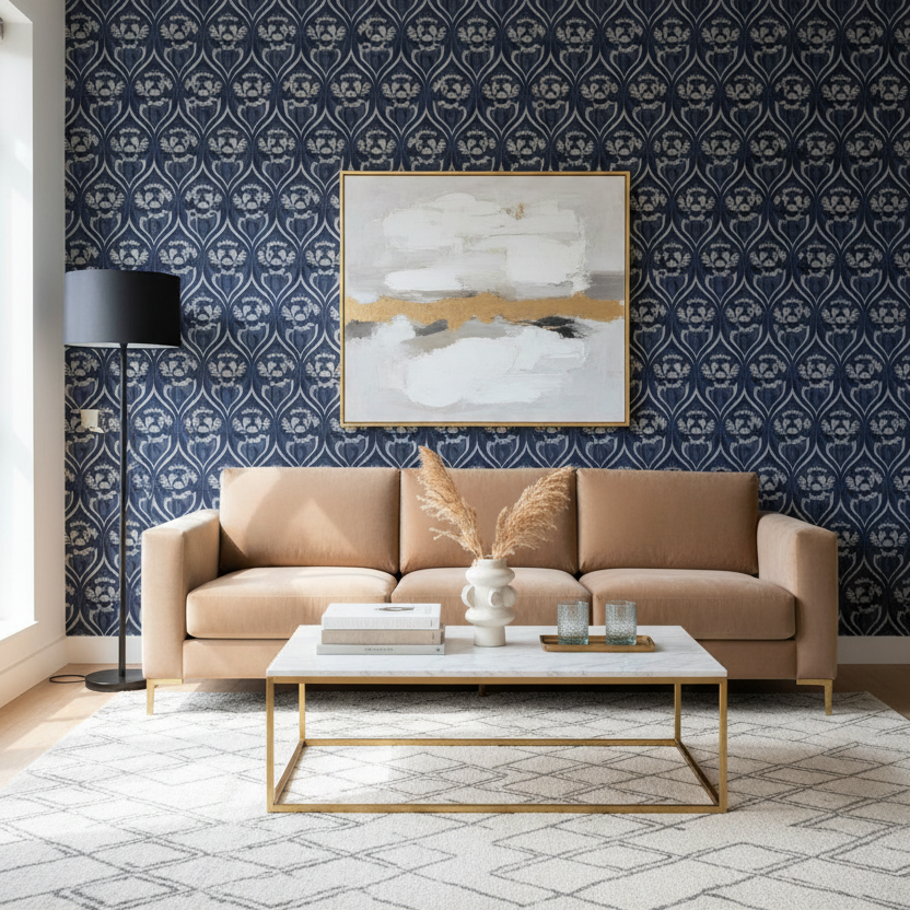 Modern living room with beige sofa, marble coffee table, and abstract art on blue patterned wall.