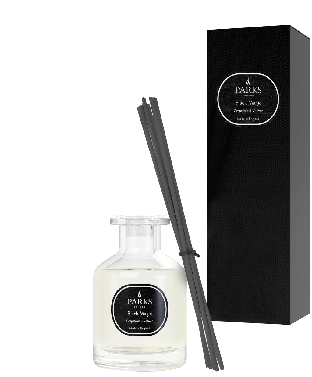 Parks diffuser set with bottle, sticks, and black packaging on a white background