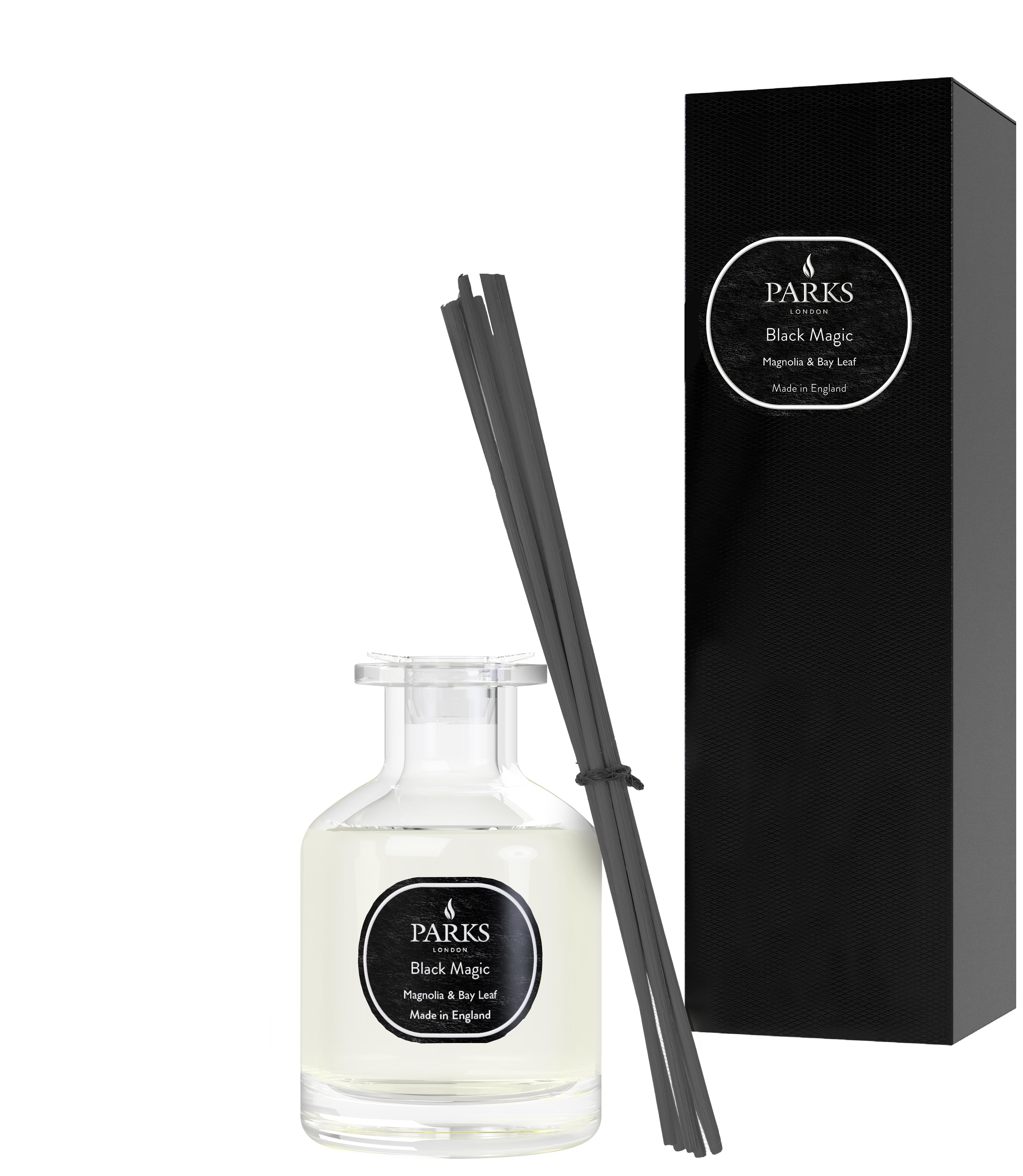 Parks diffuser set with bottle, reeds, and black box on a white background