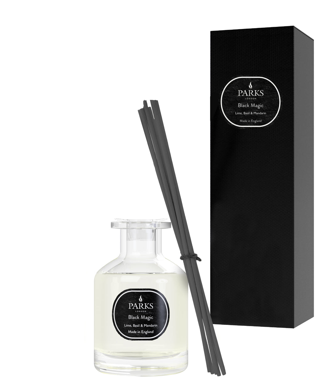 Parks diffuser set with bottle, sticks, and black packaging on a white background