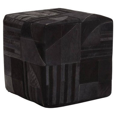 Bosie Safira Black And Grey Deco Hair on Leather Pouffe - MOOAZAA