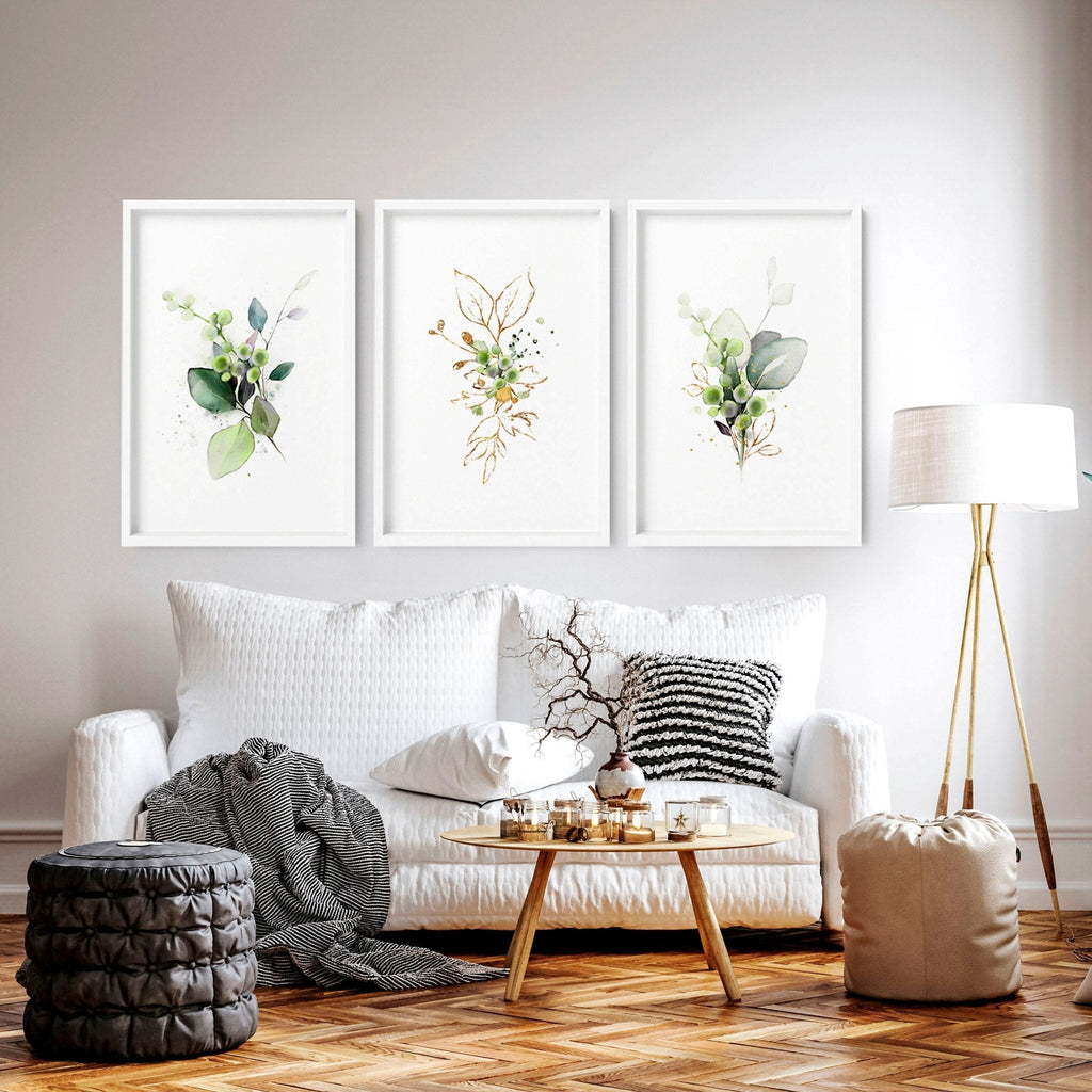 Botanical Wall Art Set of 3 | Sage Green & Gold Prints