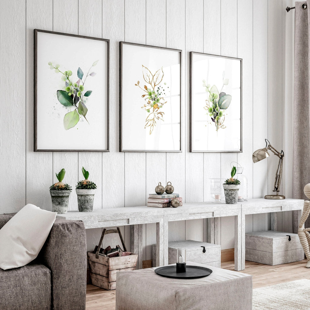 Botanical Wall Art Set of 3 | Sage Green & Gold Prints