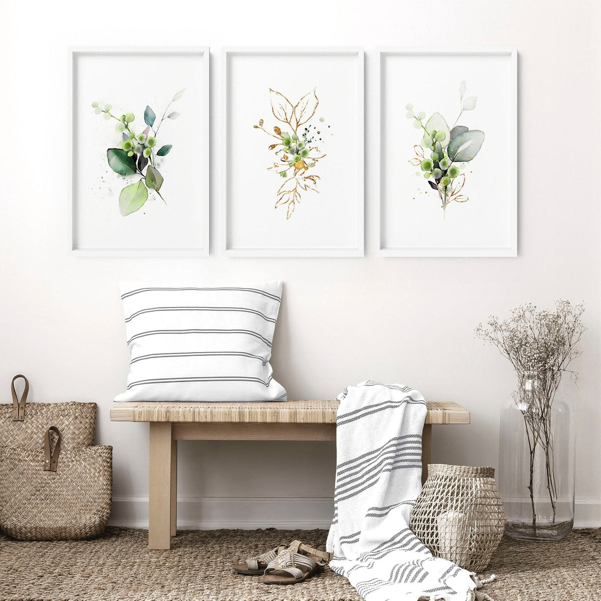 Botanical Wall Art Set of 3 | Sage Green & Gold Prints