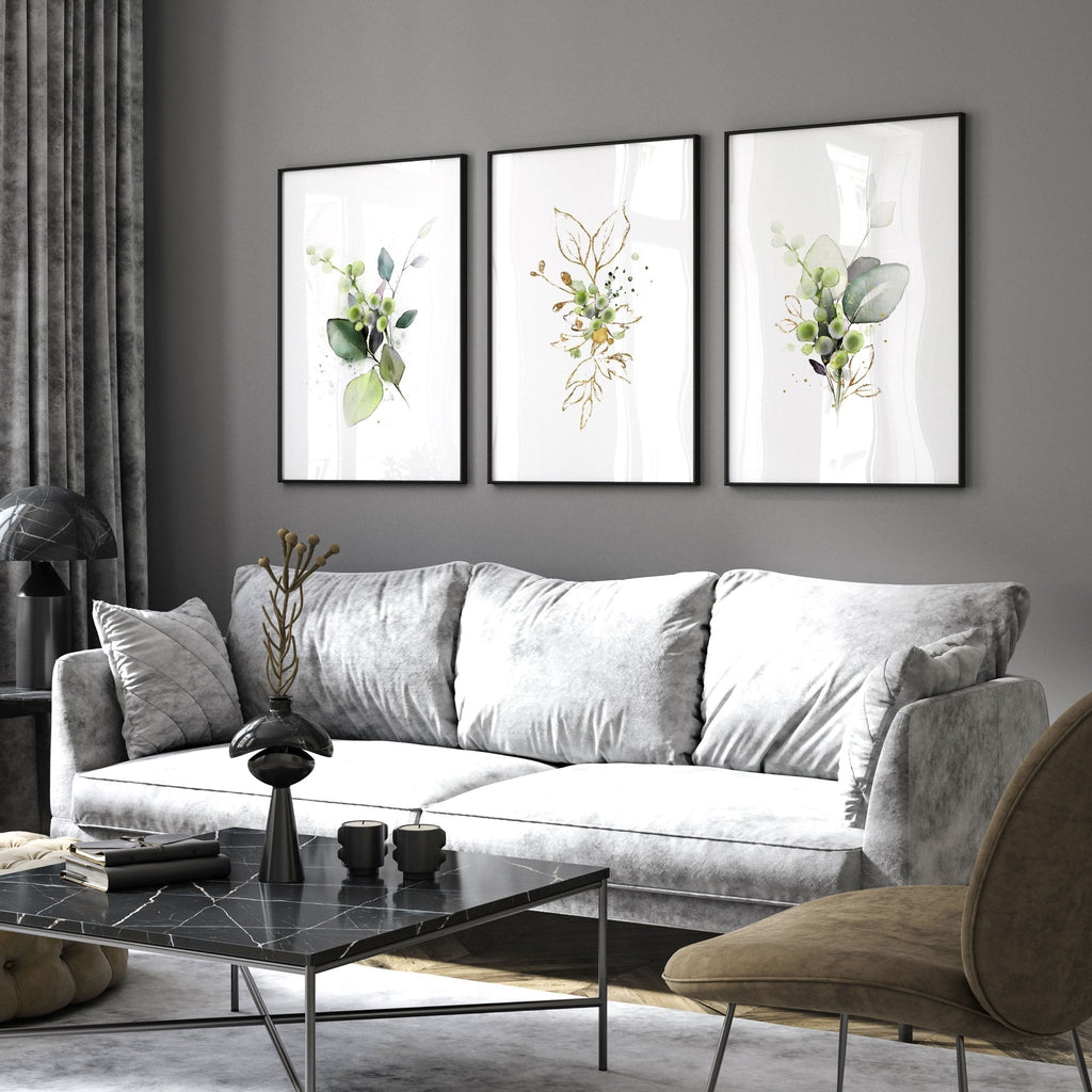 Botanical Wall Art Set of 3 | Sage Green & Gold Prints