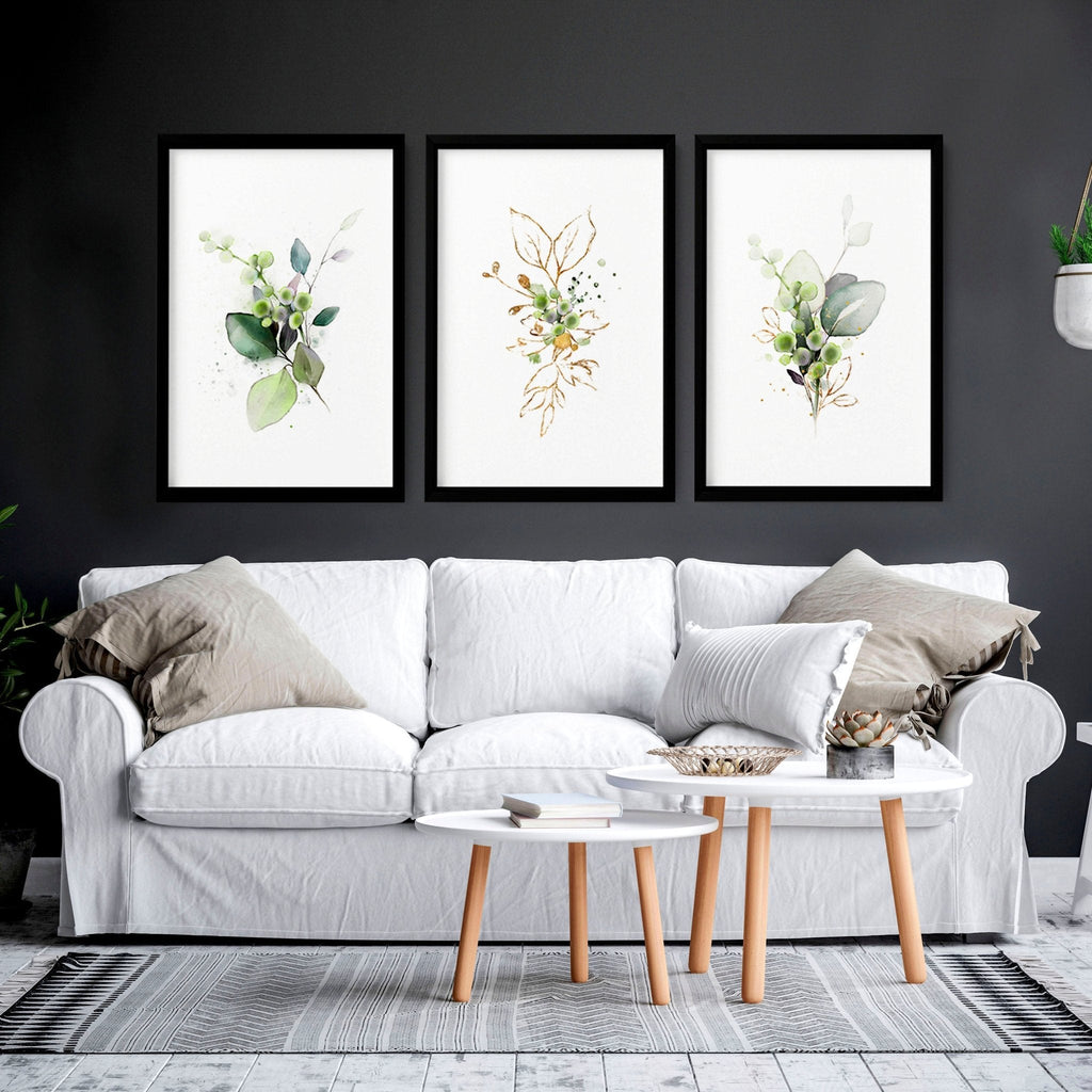 Botanical Wall Art Set of 3 | Sage Green & Gold Prints