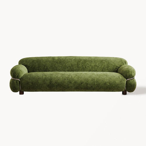 A modern low-profile sofa upholstered in textured olive green velvet, featuring rounded barrel arms and dark wooden legs, shown against a plain white background.
