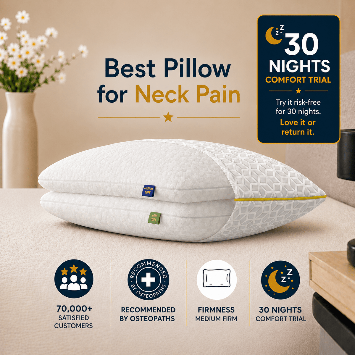 Brightr® Luna Adjustable Memory Foam pillow for neck & shoulder pains - MOOAZAA