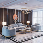 Modern living room with light gray sofa, armchairs, and decorative elements.