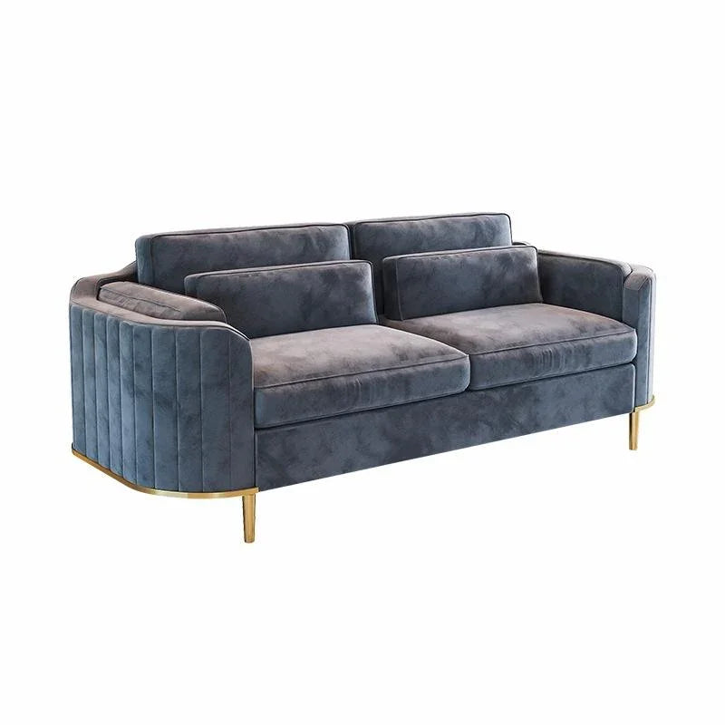 Gray sofa with gold legs on a white background