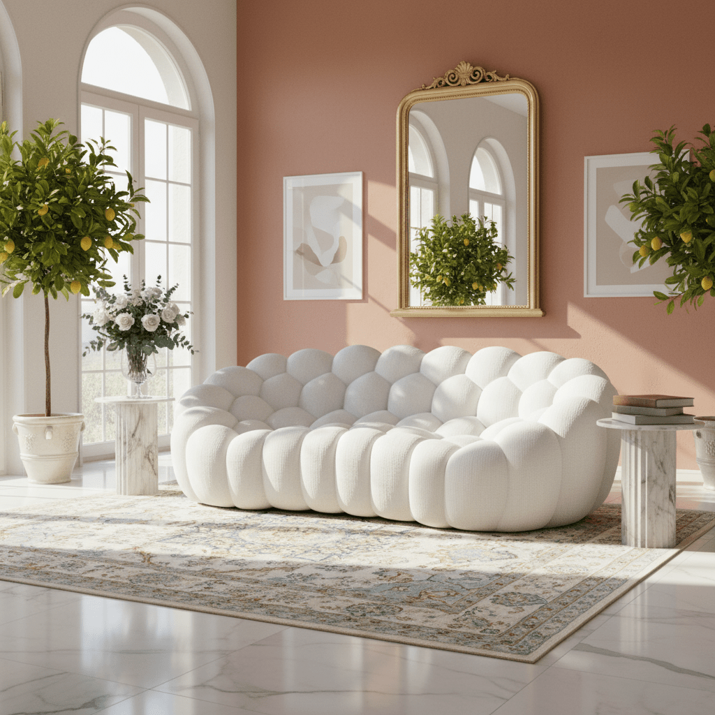 Modern living room with a white textured sofa, pink walls, and decorative elements.