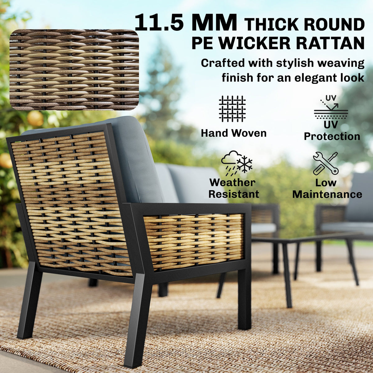 Outsunny 4 Seater Rattan Garden Furniture Set with 2 Armchairs, Loveseat, Coffee Table, Garden Sofa Set with Cushions, Grey