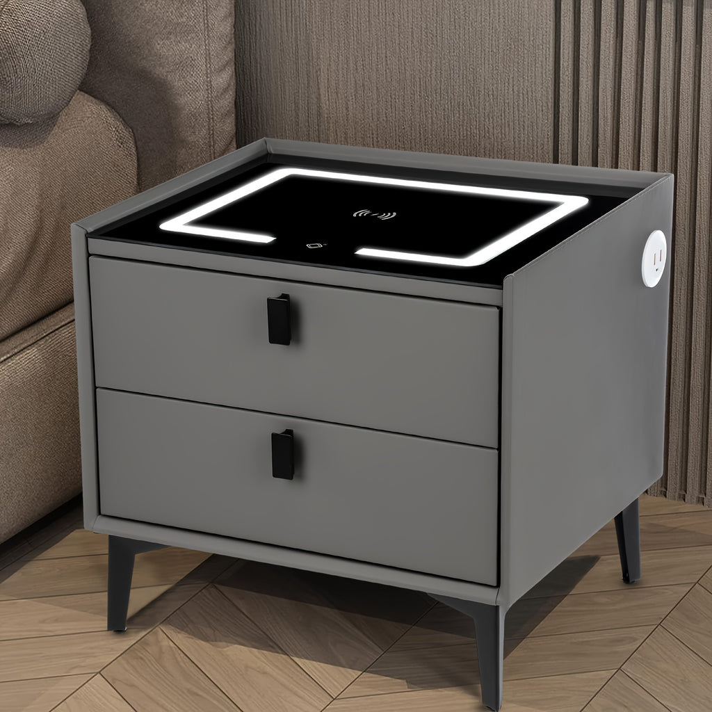 Gray nightstand with LED light panel on a wooden floor.