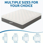 Mattress with size chart indicating different dimensions on a white background