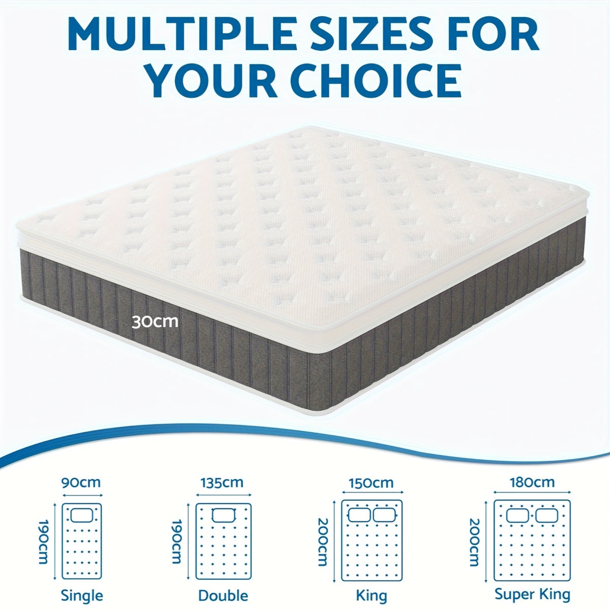 Mattress with size chart indicating different dimensions on a white background