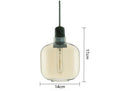 Glass pendant light with dimensions on a white background