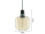 Glass pendant light with dimensions on a white background