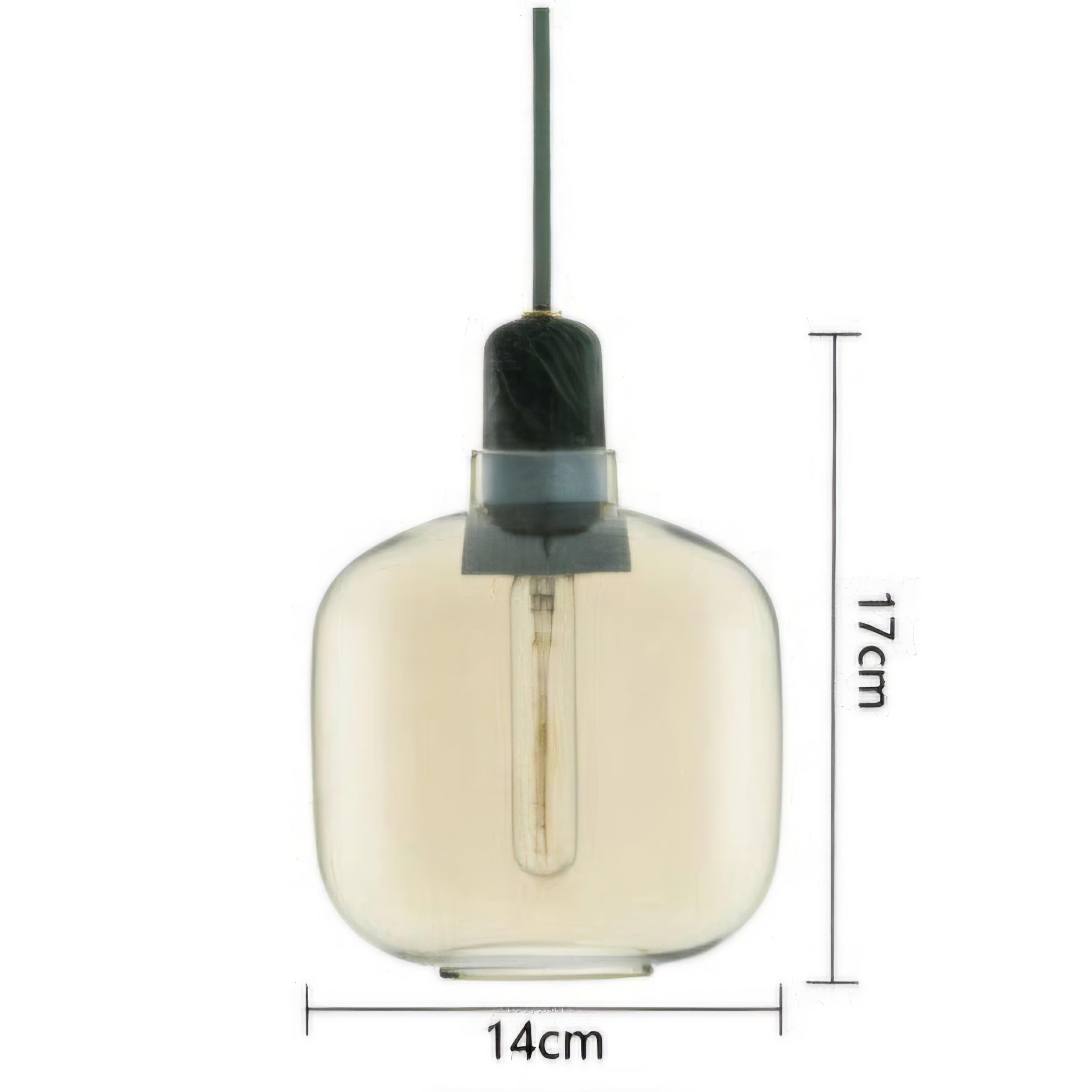 A pendant light with a rounded, transparent glass shade and a dark green cord, shown with dimension lines indicating a height of 17cm and a width of 14cm on a white background.