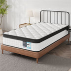 Mattress on a wooden bed frame in a bedroom setting