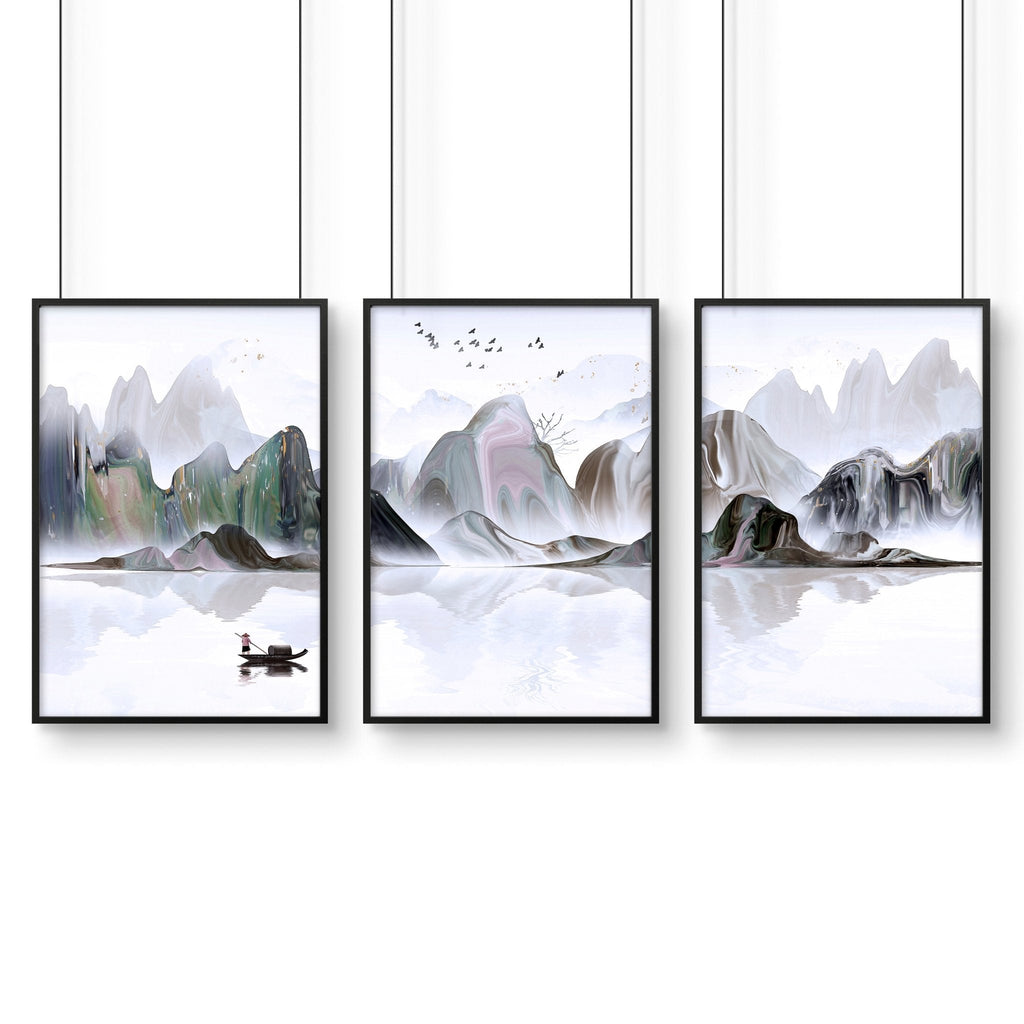 Framed Art Work | Calming Set of 3 Living Room Prints