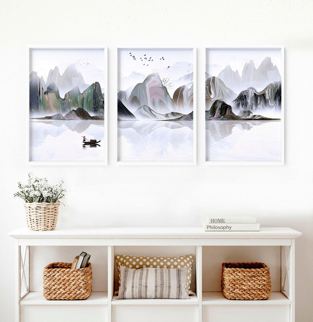 Framed Art Work | Calming Set of 3 Living Room Prints