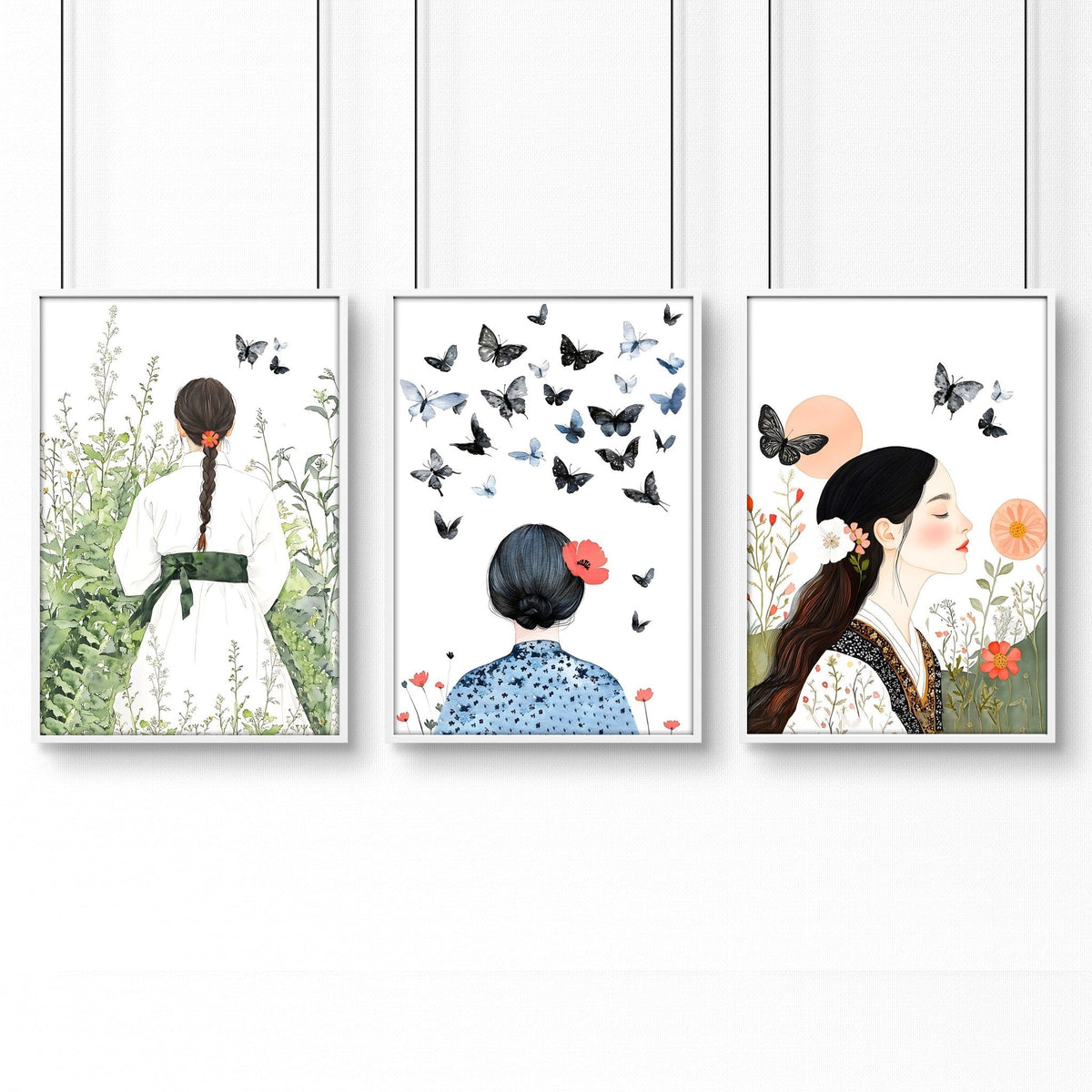 Canvas Pictures For Living Room | Set of 3 Boho Women Wall art Prints