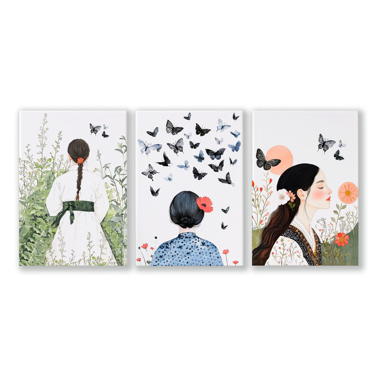 Canvas Pictures For Living Room | Set of 3 Boho Women Wall art Prints