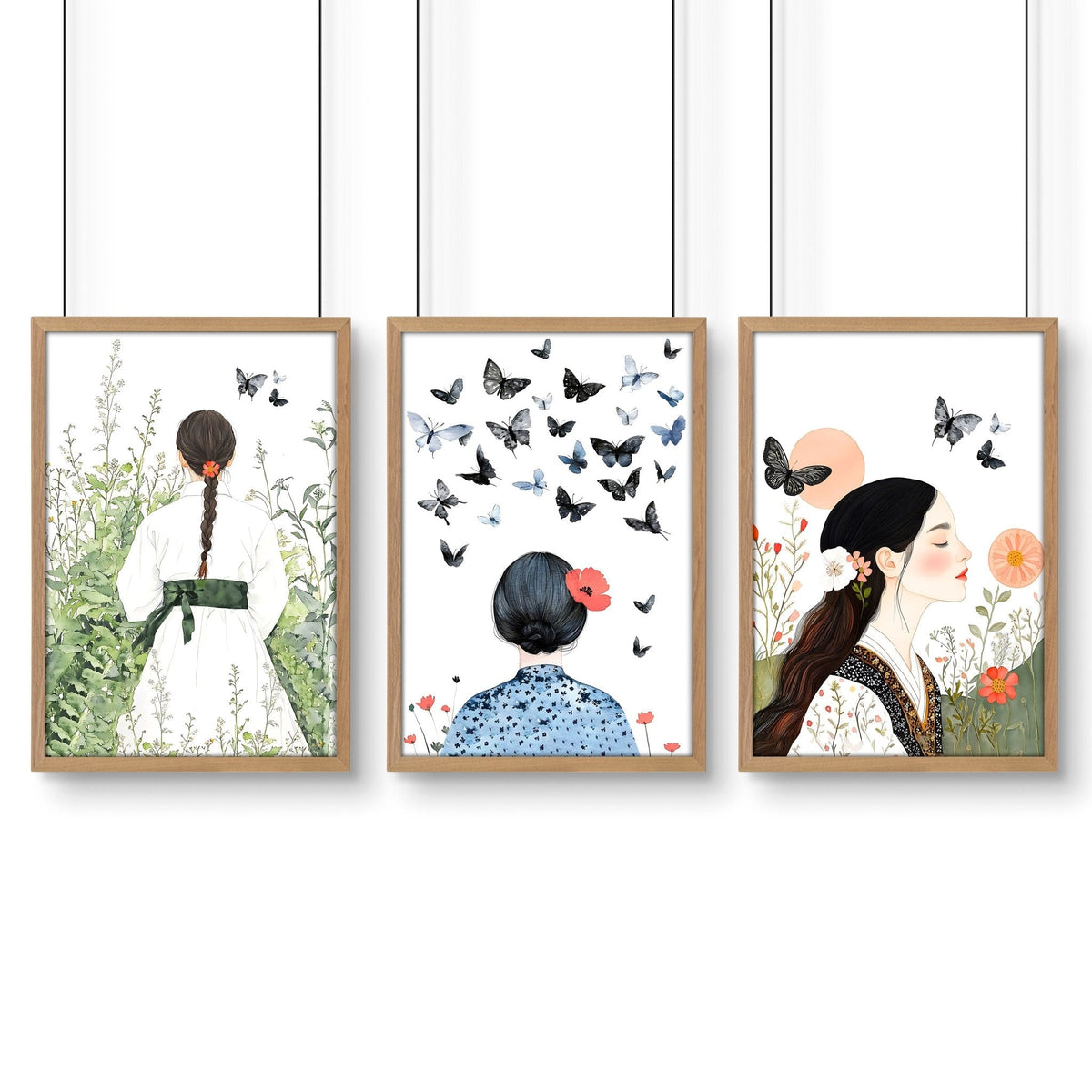 Canvas Pictures For Living Room | Set of 3 Boho Women Wall art Prints