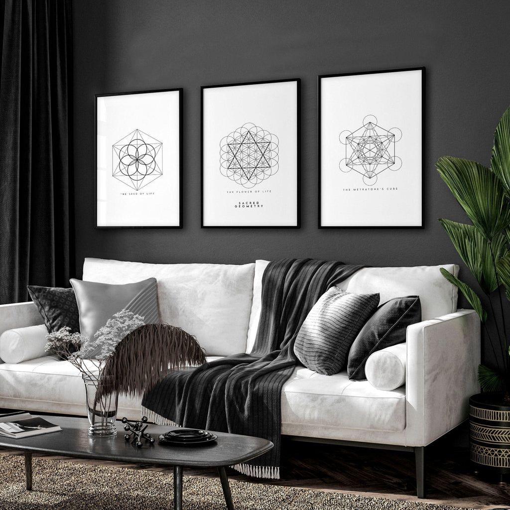 Canvas Pictures For Living Room | Set of 3 Sacred Geometry Wall art Prints