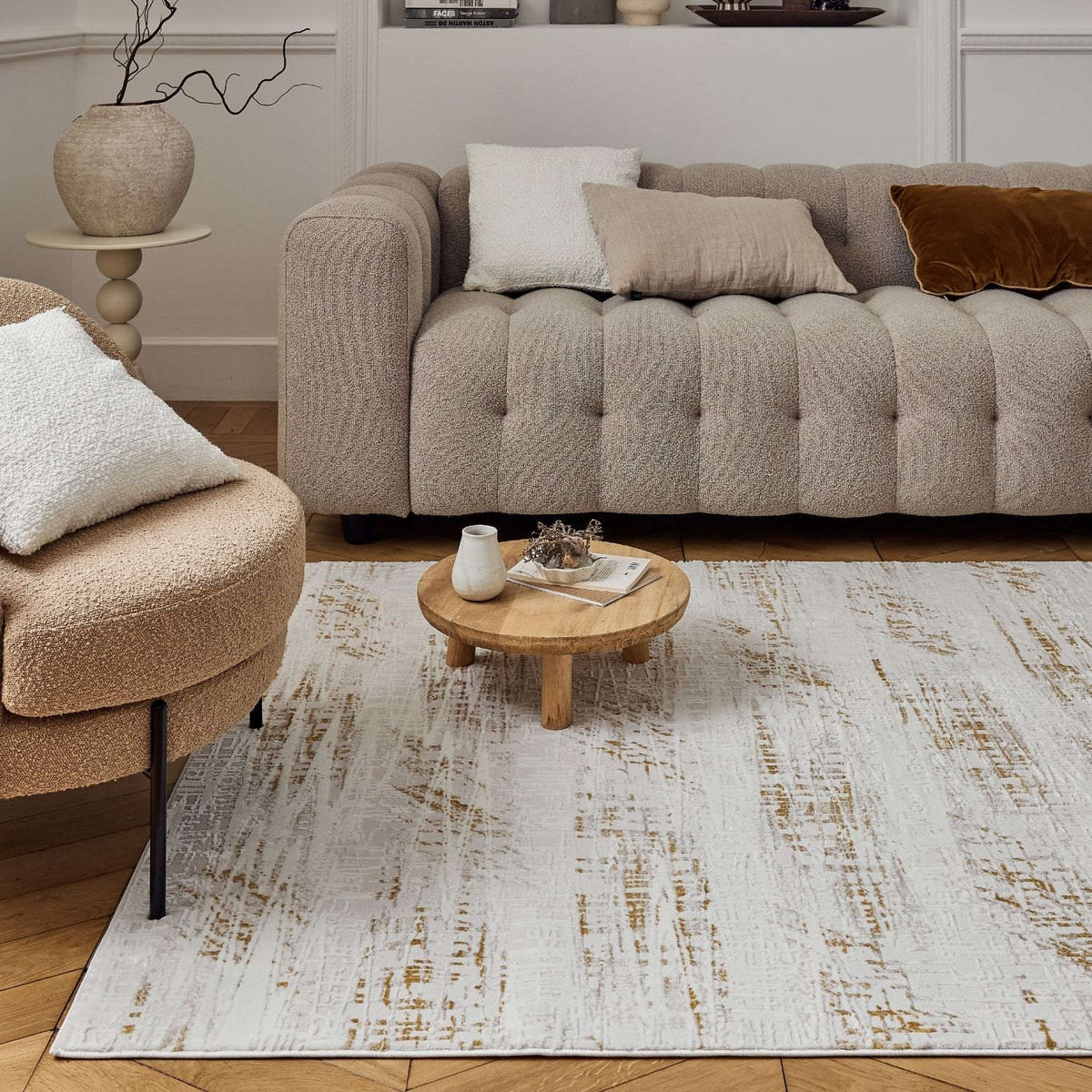 Carmel Cream-Gold Abstract Rug | 6030 - MOOAZAA