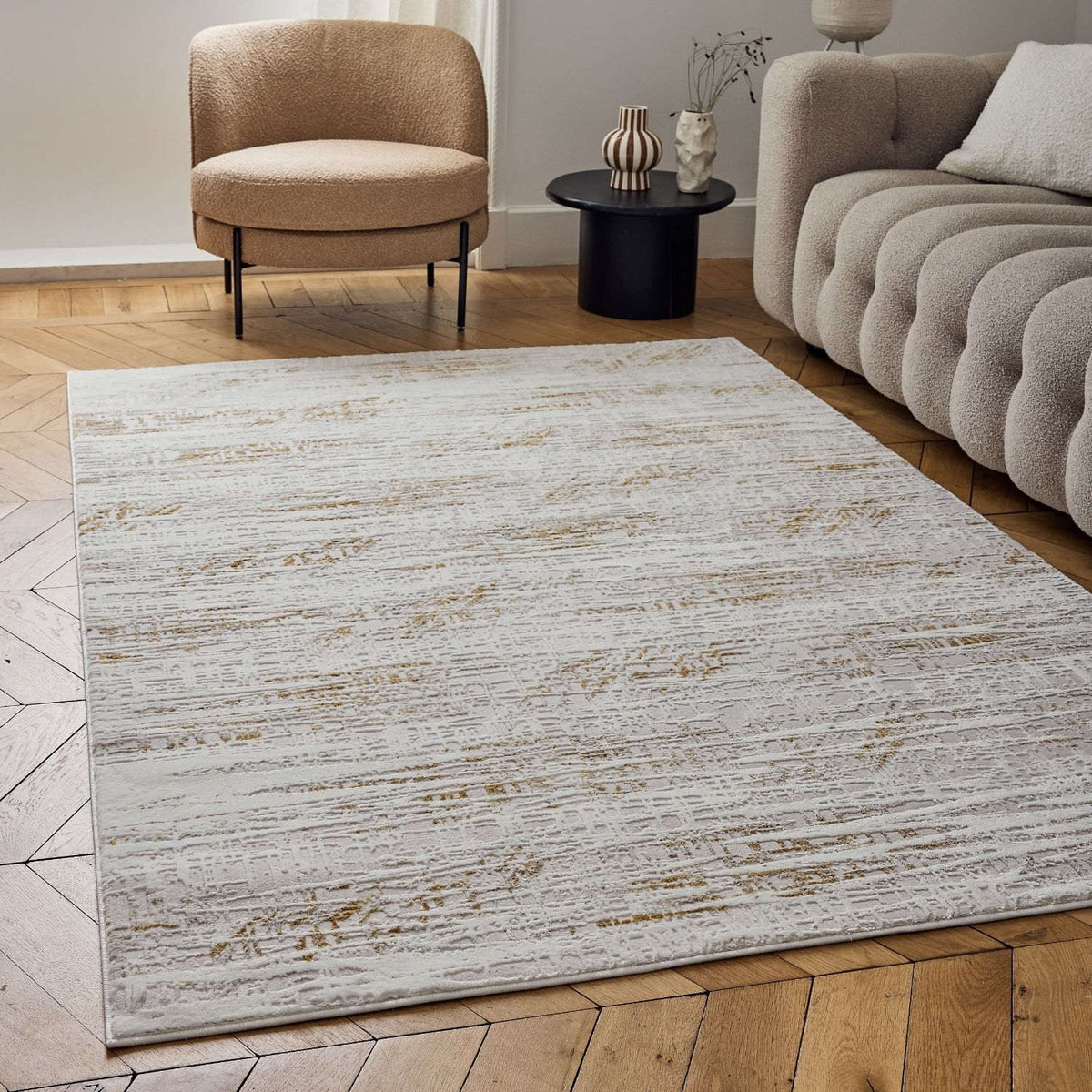 Carmel Cream-Gold Abstract Rug | 6030 - MOOAZAA
