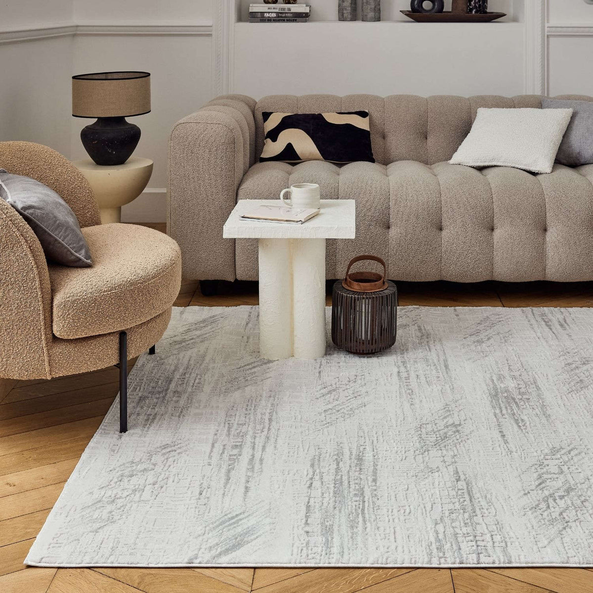 Carmel Cream-Grey Abstract Rug | 6030 - MOOAZAA