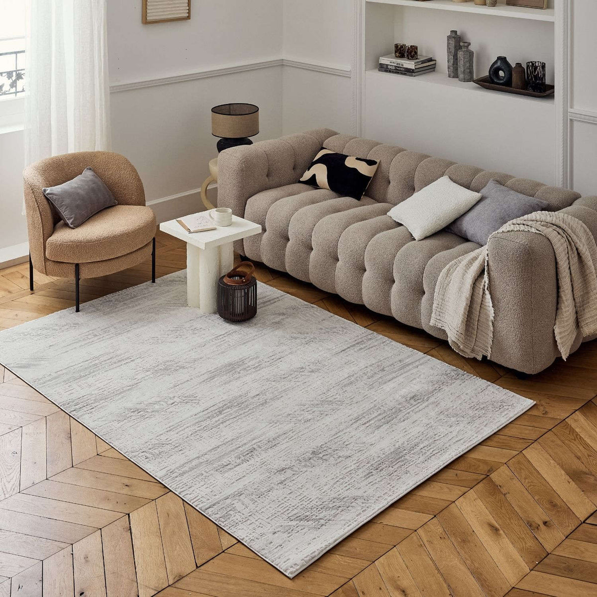Carmel Cream-Grey Abstract Rug | 6030 - MOOAZAA