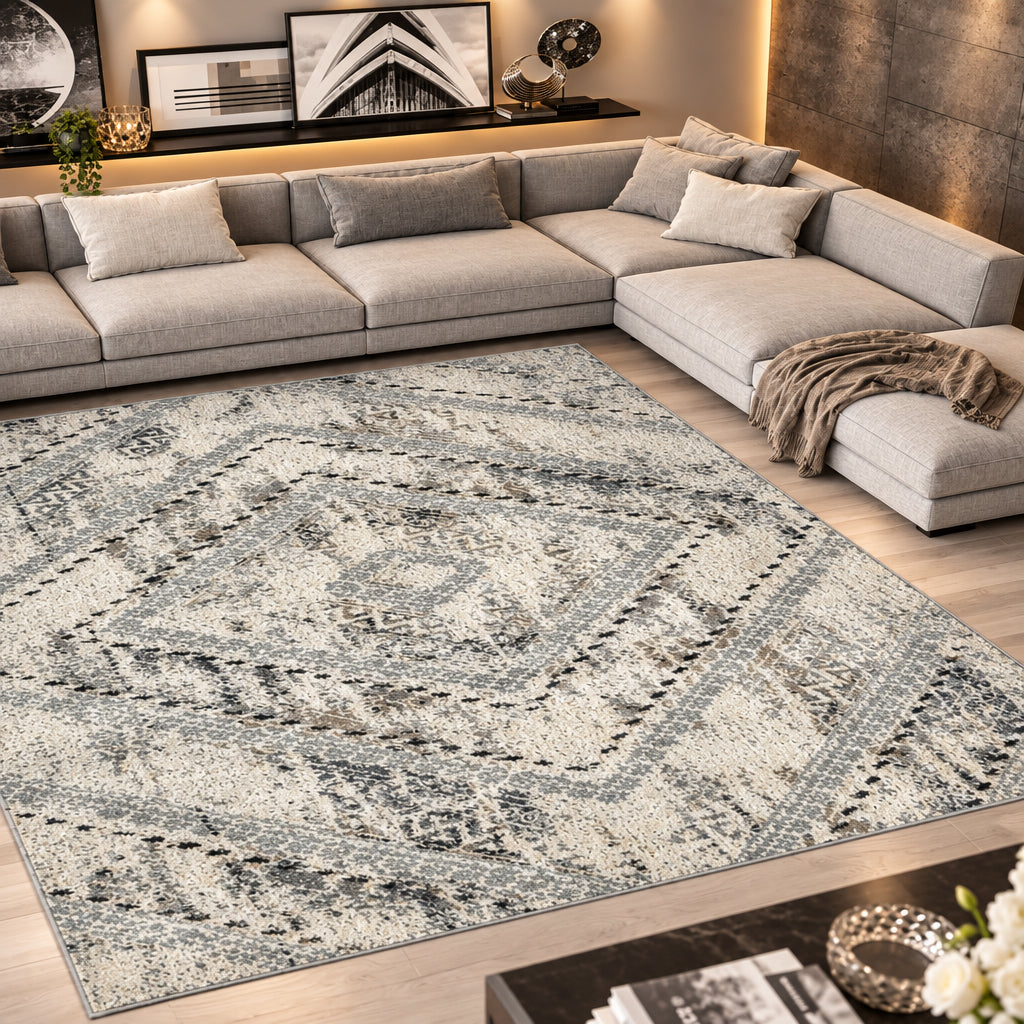 Modern living room with a patterned rug, sectional sofa, and decorative items.