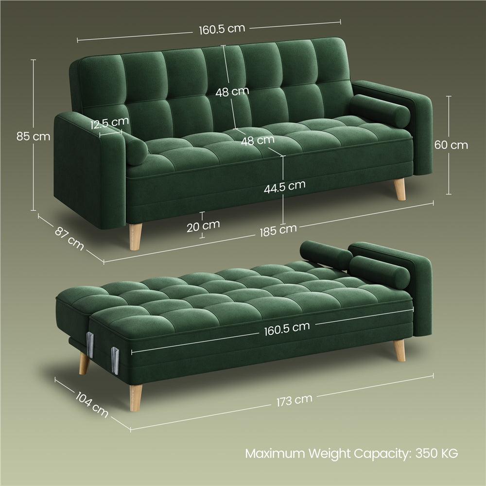 Convertible Velvet Sofa Bed, 3 Seater with 2 Bolster Pillows & 3 Adjustable Back Angles