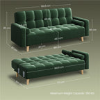 Convertible Velvet Sofa Bed, 3 Seater with 2 Bolster Pillows & 3 Adjustable Back Angles