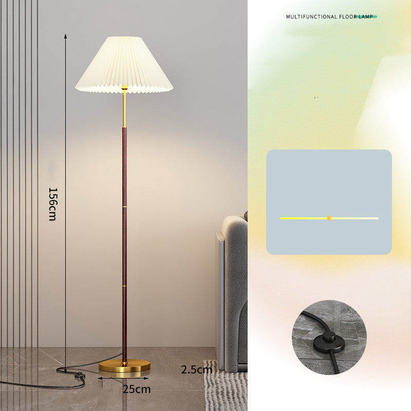 Floor lamp with dimensions and close-up of base in a room setting