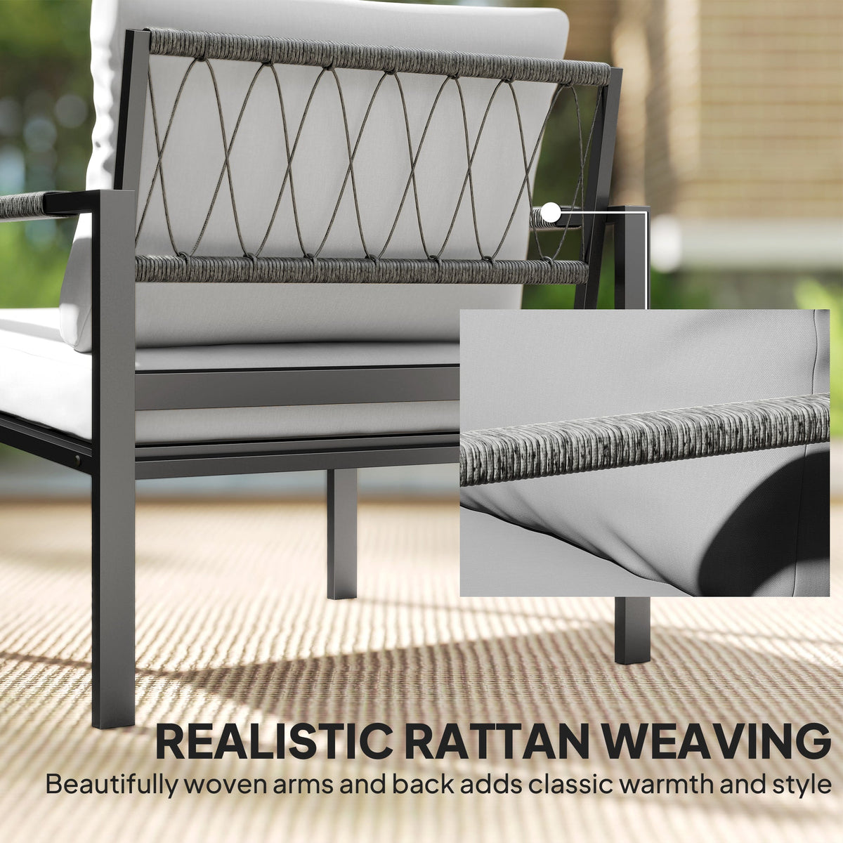 Outsunny 5 Piece Metal Garden Furniture Sofa Set with Thickened Cushions, Loveseat, 2 Armchairs, 2 Coffee Tables, Light Grey