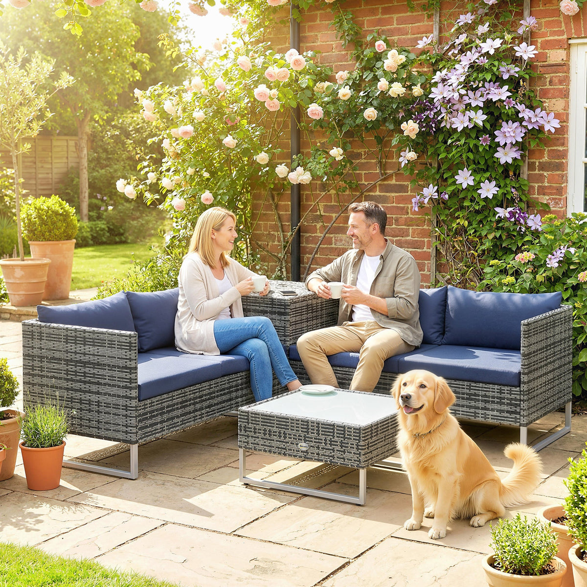 Outsunny 4 Piece Rattan Garden Furniture Set, Outdoor Corner Sofa Set with Storage Table, Loveseats, Cushions - Dark Blue