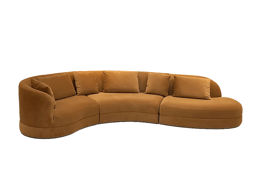 Brown curved sectional sofa on a white background