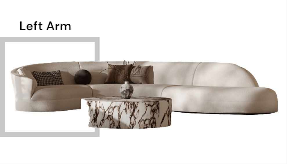 Modern beige sofa with a marble coffee table on a white background