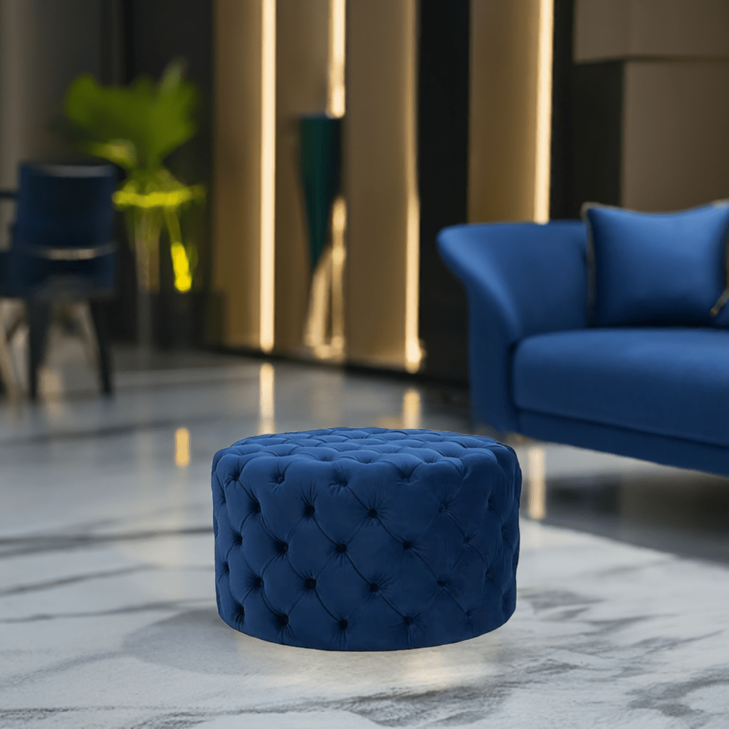 Footstool Chesterfield Navy Blue Velvet Rounded - MOOAZAA 