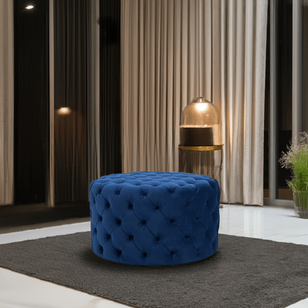 Footstool Chesterfield Navy Blue Velvet Rounded - MOOAZAA 