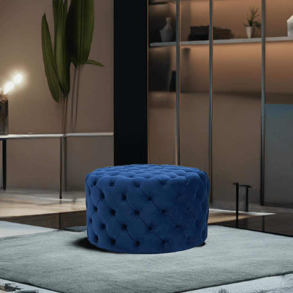 Footstool Chesterfield Navy Blue Velvet Rounded - MOOAZAA 
