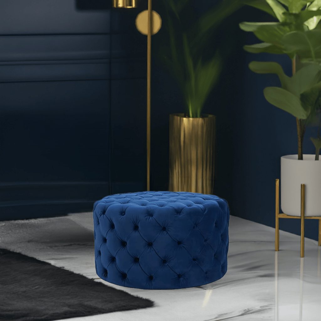 Footstool Chesterfield Navy Blue Velvet Rounded - MOOAZAA 