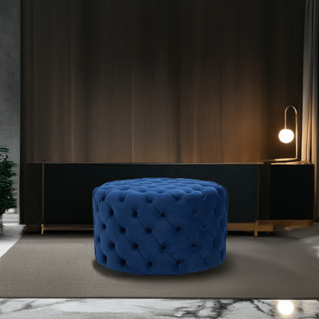 Footstool Chesterfield Navy Blue Velvet Rounded - MOOAZAA 
