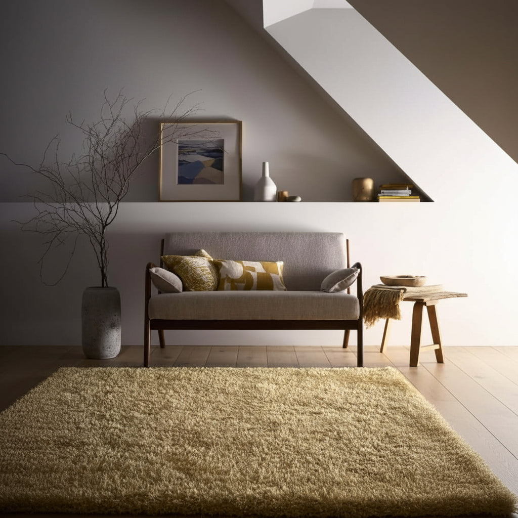 Living room with a gray sofa, yellow cushions, and a textured rug.